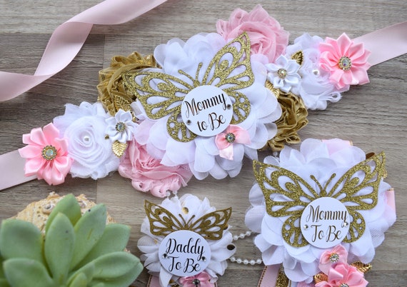 Pink White Butterfly Baby Shower, Butterfly Maternity Belly Sash, Pink Gold Butterfly Mommy To Be Ribbon, Butterfly Daddy To Be Pin, Custom