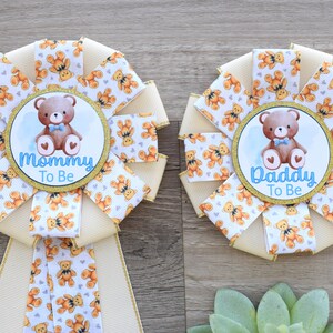 Boy Bear Baby Shower, Cream Bear Mommy To Be Ribbon Pin, Teddy Bear Daddy To Be Pin, Gender Reveal Baby Shower