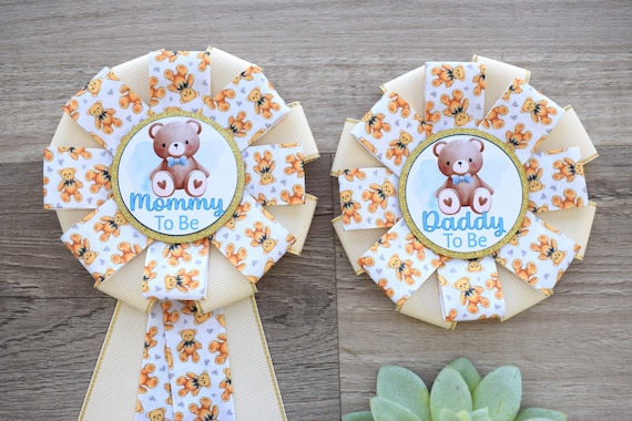 Boy Bear Baby Shower, Cream Bear Mommy To Be Ribbon Pin, Teddy Bear Daddy To Be Pin, Gender Reveal Baby Shower