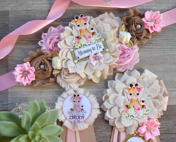 Giraffe Baby Shower, Giraffe Maternity Sash, Girl Giraffe Mommy and Daddy To Be Pin, Pink Flower Sash, Safari Giraffe Corsage Pin, Giraffe