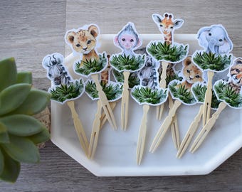 12 Safari Cupcake Toppers, Baby Shower, Party, Cupcake, Giraffe Zebra Elephant Tiger, Baby Shower Decorations - S0001