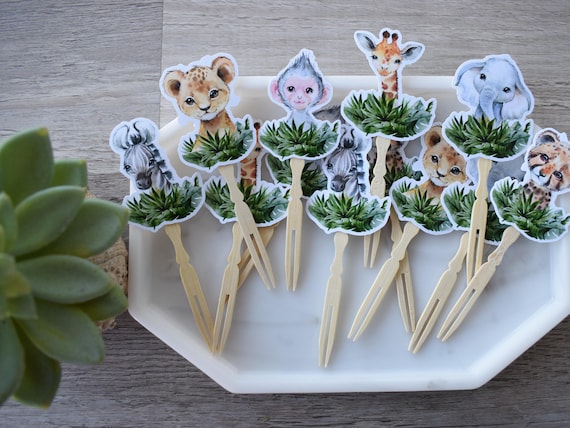 12 Safari Cupcake Toppers, Baby Shower, Party, Cupcake, Giraffe Zebra Elephant Tiger, Baby Shower Decorations - S0001