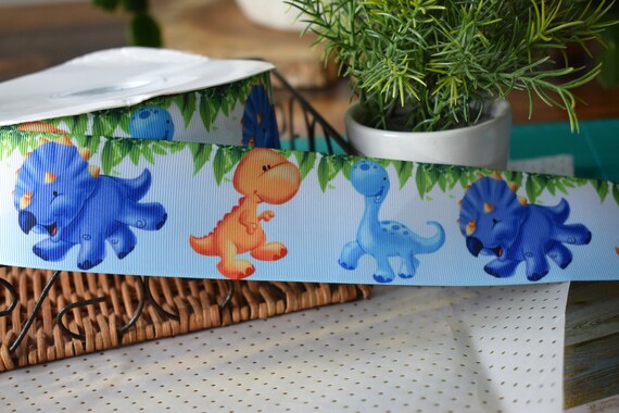 Dinosaurs Grosgrain Ribbon, Boy Baby Dinosaurs Ribbon, Dinosaurs Blue, Grosgrain Ribbon, Headband Bow Decor, DIY Craft Supplies, 1" (25mm)