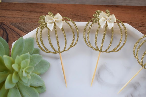 12 Cream Gold Pumpkin Cupcake Topper, Pumpkin Baby Shower, Cream Pumpkin Party, Set of 12