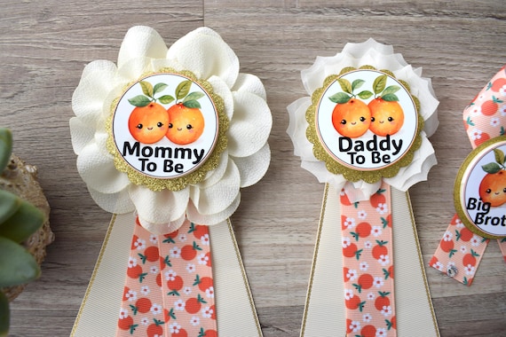 Two Little Cuties Are On The Way Baby Shower, Fruit Orange Maternity Sash, Mommy To Be Ribbon Pin, Daddy To Be , Baby Shower Gift