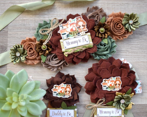 Woodland Baby Shower, Woodland Maternity Sash, Woodland Mommy To Be Ribbon, Woodland Daddy To Be Pin, Baby Shower Gift, Custom