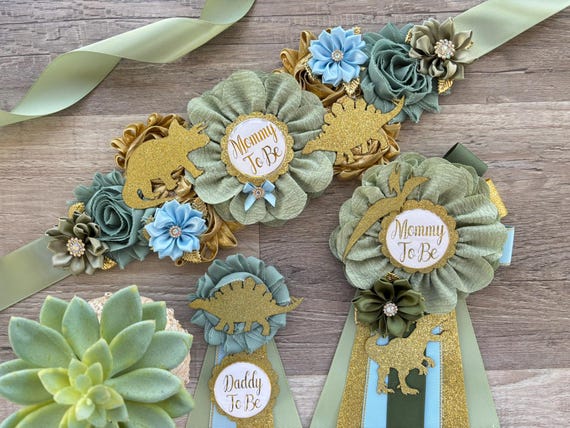 Blue Sage Dinosaur Baby Shower, Sage Green Gold Cream Mommy To Be Ribbon, Daddy To Be Pin, Greenery Gold Dinosaur Animals, Baby Shower Gift