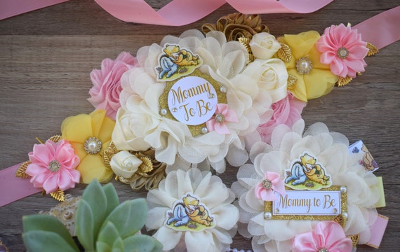 Girl Winnie the Pooh Classic Baby Shower, Pink Yellow Winnie Mommy To Be Pin, Classic Winnie Mommy and Daddy Pin, Custom