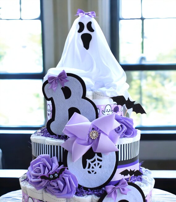 3 Tier Purple Ghost Diaper Cake Baby Shower, Girl Lilac Halloween Baby Shower Centerpieces Decorations, Lavender Ghost Shower Party Decor