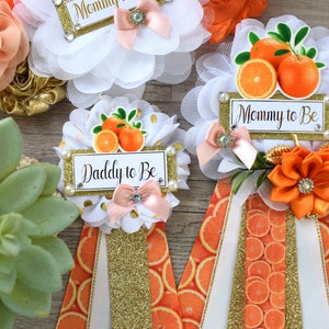 Orange Baby Shower, A Little Cutie Is On The Way, Fruit Orange Maternity Sash, Mommy To Be Ribbon Pin, Daddy To Be Ribbon, Baby Shower Gift