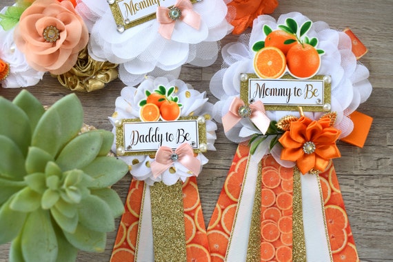 Orange Baby Shower, A Little Cutie Is On The Way, Fruit Orange Maternity Sash, Mommy To Be Ribbon Pin, Daddy To Be Ribbon, Baby Shower Gift