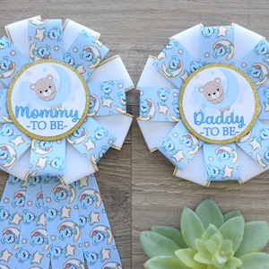 Baby Blue Teddy Bear Baby Shower, Boy Bear Mommy To Be Ribbon Pin, Blue Teddy Bear Daddy To Be Pin, Parent&#39;s To Be Pins