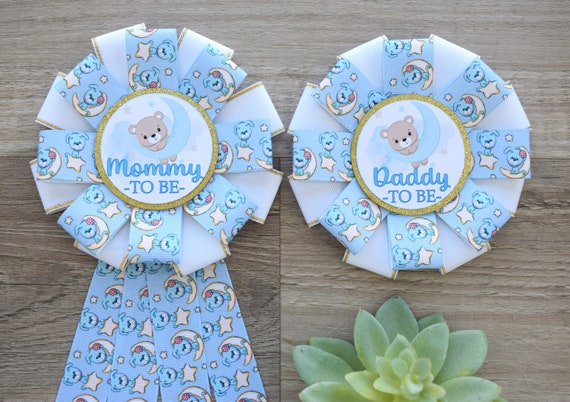 Baby Blue Teddy Bear Baby Shower, Boy Bear Mommy To Be Ribbon Pin, Blue Teddy Bear Daddy To Be Pin, Parent's To Be Pins
