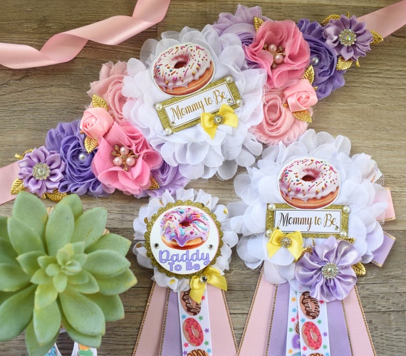 Donuts Baby Shower, Pink Lavender Maternity Sash, Yellow Pink Lavender Mommy To Be Ribbon, Daddy To Be Pin, Donut Baby Shower Theme