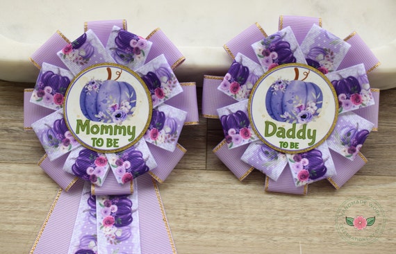 Puurple Pumpkin Baby Shower, Girl Mommy To Be Ribbon Pin, Pumpkin Daddy To Be Pin, Big Sister Pin, Big Brother Pin
