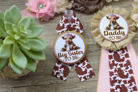 Girl Highland Cow Baby Shower, Pink Tan Brown Maternity Sash, Girl Highland Mommy To Be Pin, Daddy To Be Pin, Girl Highland Cow Corsage Pin