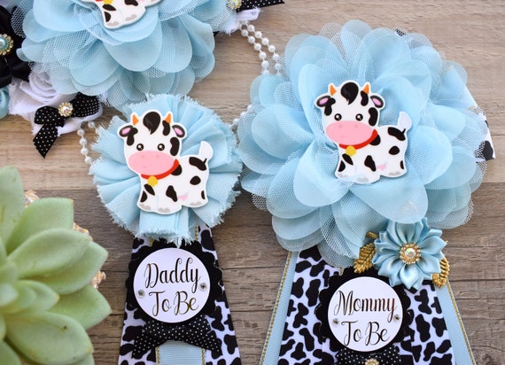 Blue Cow Baby Shower, Boy Cow Maternity Sash, Farm Boy Cow Mommy and Daddy To Be Pin, Blue Black White Flower Sash, Baby Shower