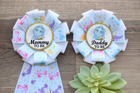 Girl Dinosaur Baby Shower, Pink Lavender Dinosaur Corsage Pin, Dinosaur Mommy to Be Ribbon Pin, Dinosaur Daddy to Be Pin