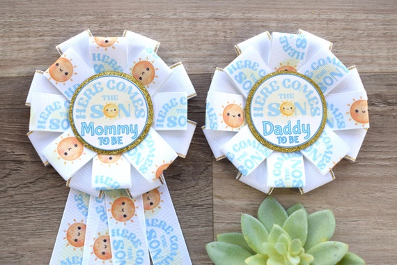 Here Come The Son Baby Shower, Neutral Yellow Ivory Maternity Sash, Mommy To Be Ribbon Badge Pin, Daddy To Be Pin, Here Come The Sun