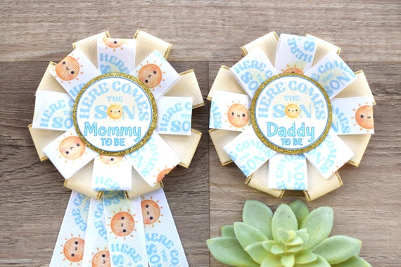 Here Come The Son Baby Shower, Neutral Yellow Ivory Maternity Sash, Mommy To Be Ribbon Badge Pin, Daddy To Be Pin, Here Come The Sun
