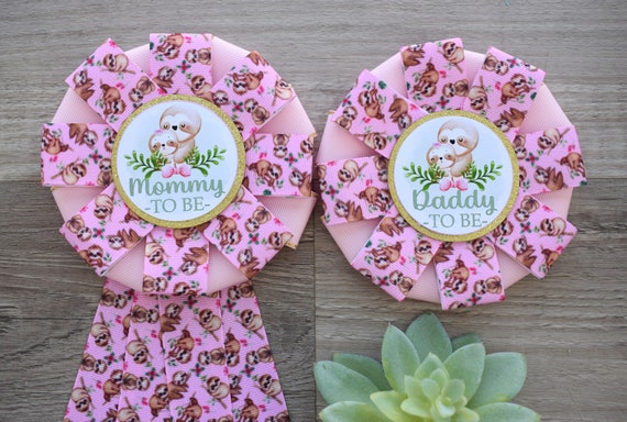 Girl Sloth Baby Shower, Sloth Mommy to Be Ribbon Pin, Sloth Baby Shower Pin, Sloth Greenery Daddy To Be Pin, Parent's To Be Pin