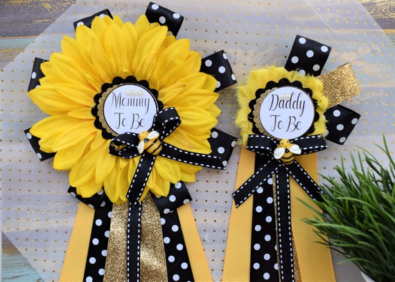 Sunflower Baby Shower, Yellow Black Flower Corsage Pin, Mommy To Be, Daddy To Be, Gender Reveal Baby Shower, Bumble Bee & Sunflower Theme