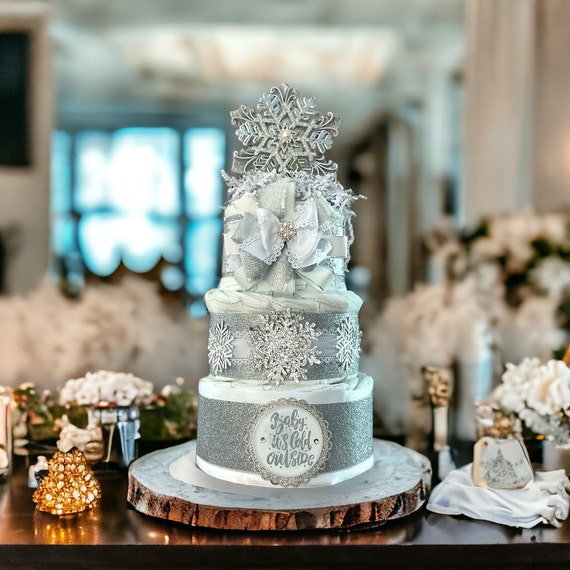 Snowflake Baby Shower, White Silver Diaper Cake, Baby Shower Centerpieces Decorations, Neutral Room Nursery Decor, New Mom Gifts - S00010