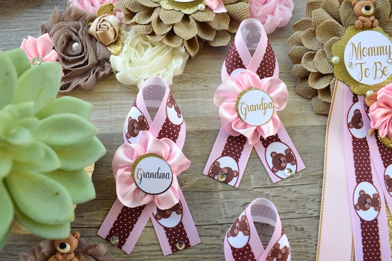 Girl Teddy Bear Baby Shower, Pink Bear Mommy Bear Maternity Sash, Papa Teddy Bear Mommy Daddy To Be Corsage, Pink Girl Teddy Bear, Custom
