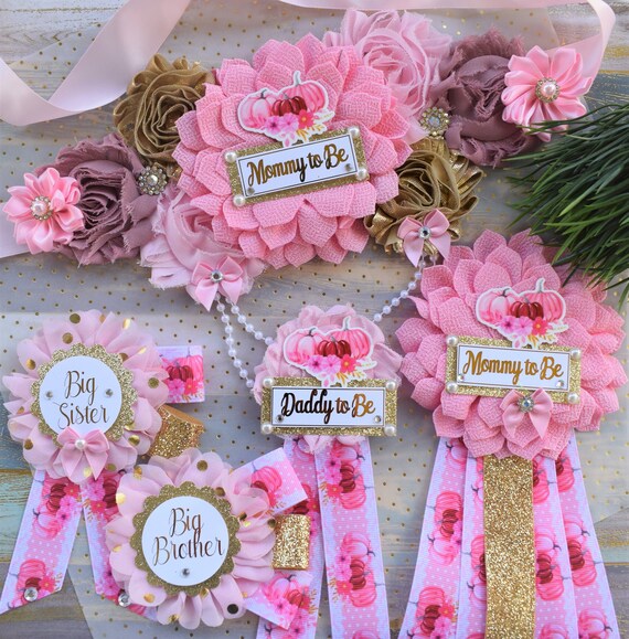Pink Pumpkin Baby Shower, Ivory Pink Maternity Sash, Gold Pink Cream Mommy To Be Pin, Pumpkin Daddy To Be Pin, Fall Belly Sash, Custom