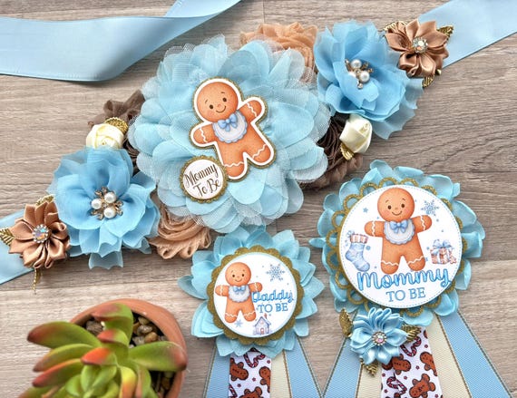 Boy Gingerbread Baby Shower Set, Blue Maternity Sash, Winter Mommy To Be Pin, Daddy To Be Pin, Baby Shower Gift, Custom Order Welcome