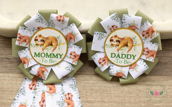 Sloth Baby Shower, Sloth Mommy to Be Ribbon Pin, Sloth Baby Shower Pin, Sloth Greenery Daddy To Be Pin