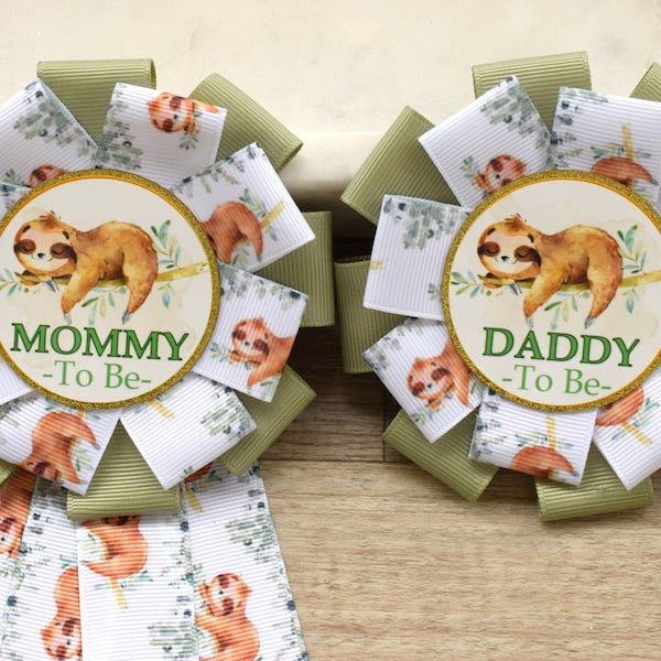 Sloth Baby Shower, Sloth Mommy to Be Ribbon Pin, Sloth Baby Shower Pin, Sloth Greenery Daddy To Be Pin