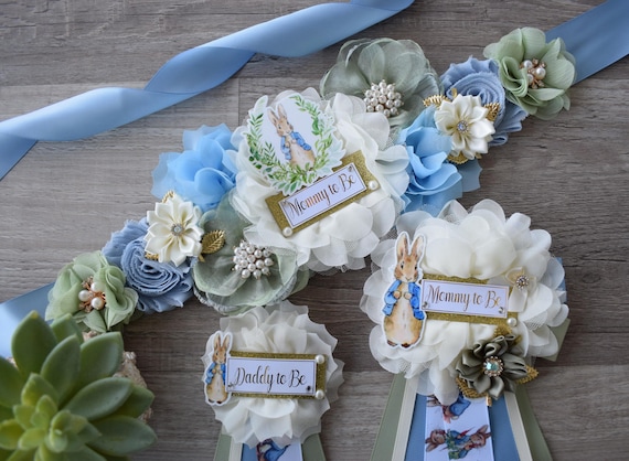 Rabbit Baby Shower, Boy Rabbit Mommy to Be Pin, Blue Green Boy Rabbit Shower, Rabbit Mommy Corsage Pin