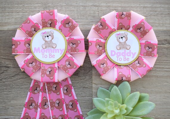Girl Pink Teddy Bear Baby Shower, Girl Bear Mommy To Be Ribbon Pin, Teddy Bear Daddy To Be Pin, Parent's To Be Pins
