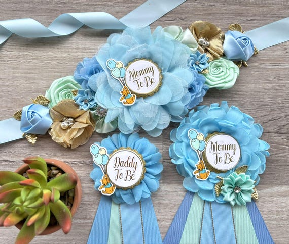 Blue Winnie the Pooh Baby Shower Set, Winnie Maternity Sash, Mommy To Be Pin, Daddy To Be Pin, Baby Shower Gift, Custom Order Welcome