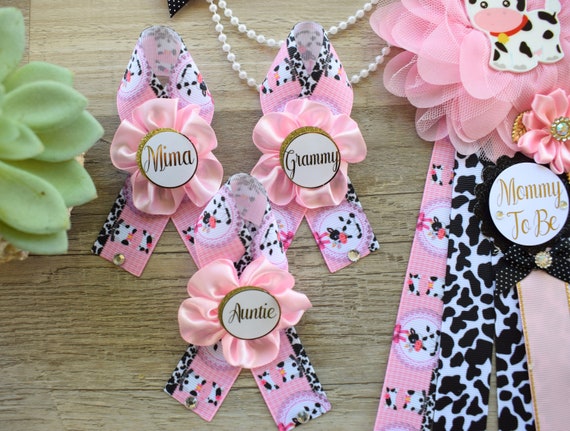 Pink Cow Baby Shower, Girl Cow Maternity Sash, Farm Cow Mommy To Be Ribbon, Daddy To Be Ribbon Pin, Pink Black White, Baby Shower Gift