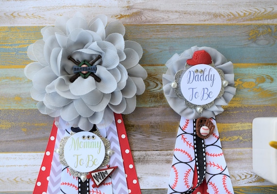 Baseball Ribbon Corsage Pins, Sport Blue Red Baseball Corsage, Baseball Mommy To Be, Sport Baseball Daddy To Be, Sport Baby Shower, Custom