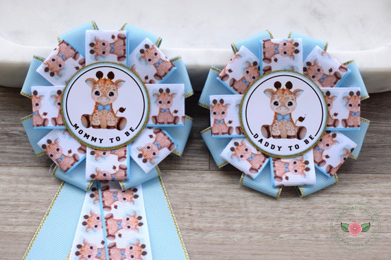 Giraffe Baby Shower, Blue Giraffe Mommy To Be Ribbon Pin, Giraffe Daddy To Be Pin