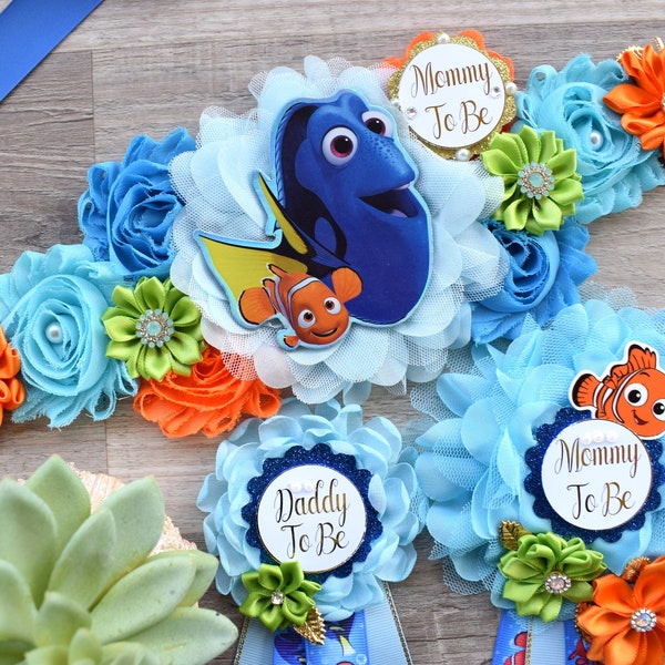 Finding Nemo Baby Shower, Nemo and Dory Maternity Sash, Mommy To Be Pin Ribbon, Daddy To Be, Baby Shower Gift, Custom