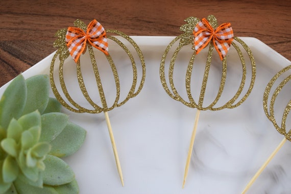 12 Orange Gold Pumpkin Cupcake Topper, Pumpkin Baby Shower, Orange Pumpkin Party, Set of 12