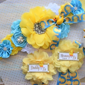 Rubber Duck Baby Shower, Ducky Flower Sash, Mommy To Be Ribbon, Daddy To Be Corsage Pin, Yellow Blue White Duck Baby Shower Sash, Custom image 5