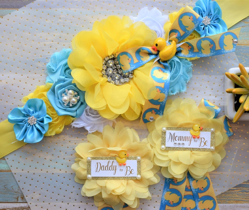 Rubber Duck Baby Shower, Ducky Flower Sash, Mommy To Be Ribbon, Daddy To Be Corsage Pin, Yellow Blue White Duck Baby Shower Sash, Custom image 5