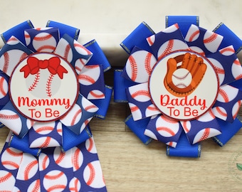 Baseball Baby Shower, Red Blue Mommy To Be Ribbon Pin, Sport Daddy To Be Pin