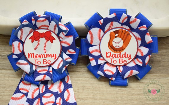 Baseball Baby Shower, Red Blue Mommy To Be Ribbon Pin, Sport Daddy To Be Pin