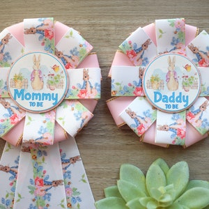 Girl Rabbit Baby Shower, Easter Baby Shower, Girl Bunny Mommy to Be Ribbon Pin, Daddy To Be Pin