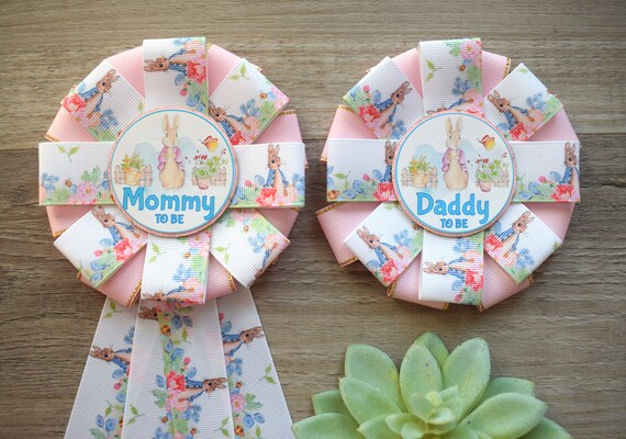 Girl Rabbit Baby Shower, Easter Baby Shower, Girl Bunny Mommy to Be Ribbon Pin, Daddy To Be Pin