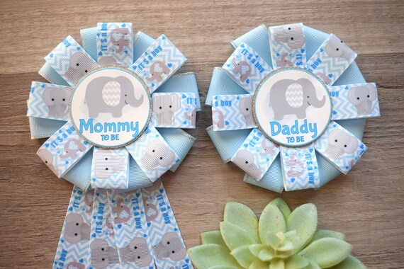 Boy Elephant Baby Shower, Blue Grey Elephant Mommy To Be Ribbon Pin, Daddy To Be Pin