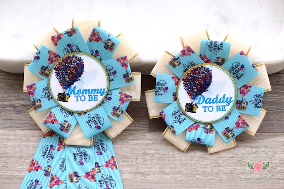 Up Theme Baby Shower, Blue Yellow Purple Mommy to Be Ribbon Pin, Daddy to Be Pin, Multicolored Air Balloon