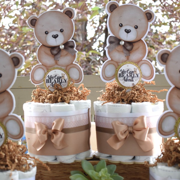 Teddy Bear Mini Diaper Cake Baby Shower, Baby Shower Centerpieces Decorations, Nursery Decor, New Mom Gifts, Baby Shower Gift