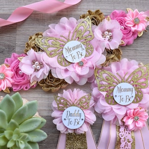 Pink Butterfly Baby Shower, Butterfly Maternity Belly Sash, Pink Gold Butterfly Mommy To Be Ribbon, Butterfly Daddy To Be Pin, Custom